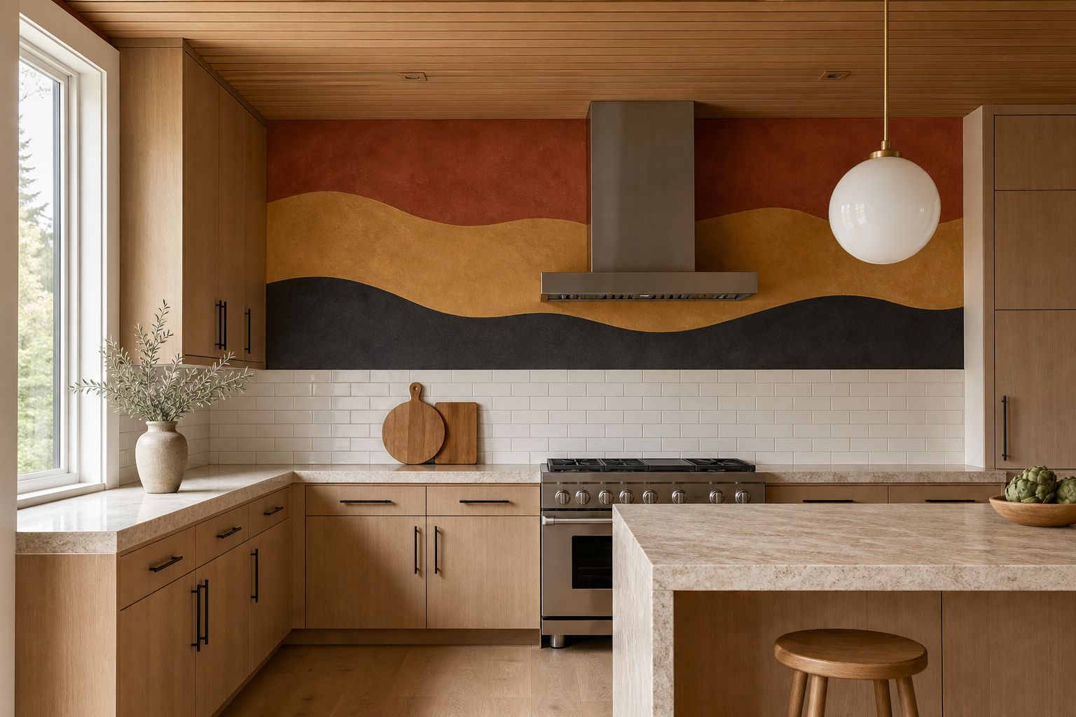 Artbrick kitchen remodel with decorative plaster mural in Snohomish County and North King County