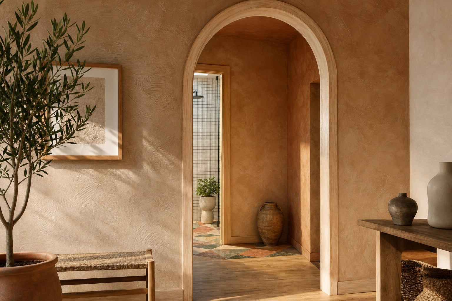 Decorative plaster textured wall with custom wood archway by Artbrick in Snohomish County