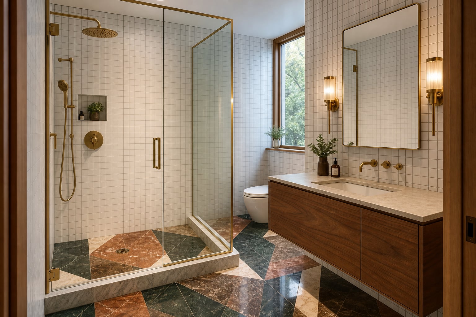 Completed bathroom remodel with glass shower and marble tile by Artbrick in Snohomish County