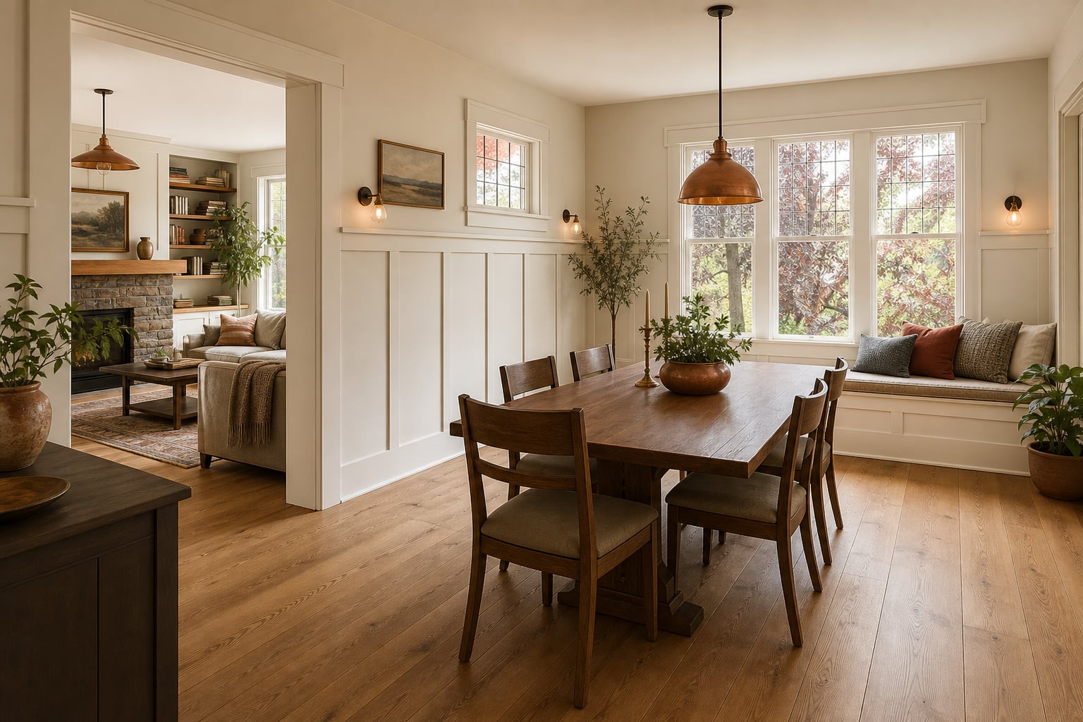 Whole-home interior renovation with coordinated hardwood floors and wainscoting by Artbrick in Snohomish County