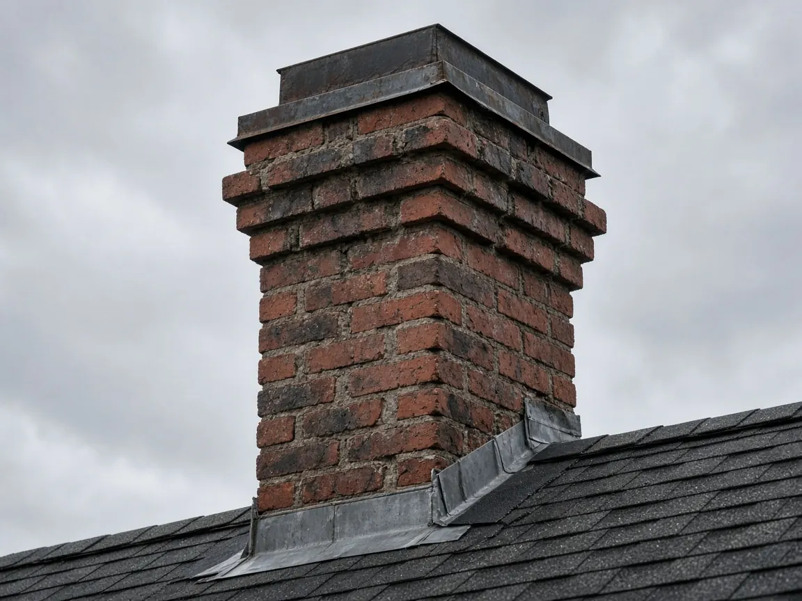 Brick chimney above the roof line before removal