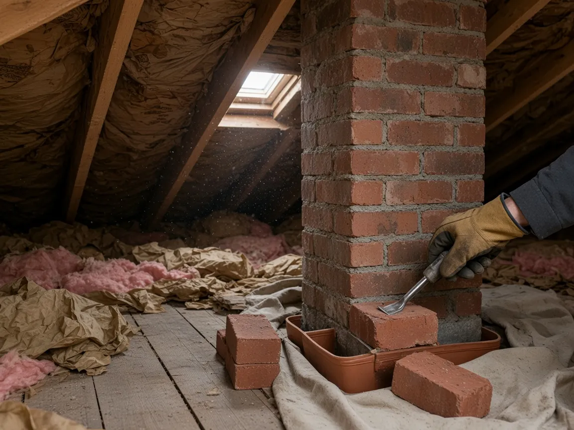 Selective brick removal from chimney stack in attic under rafters