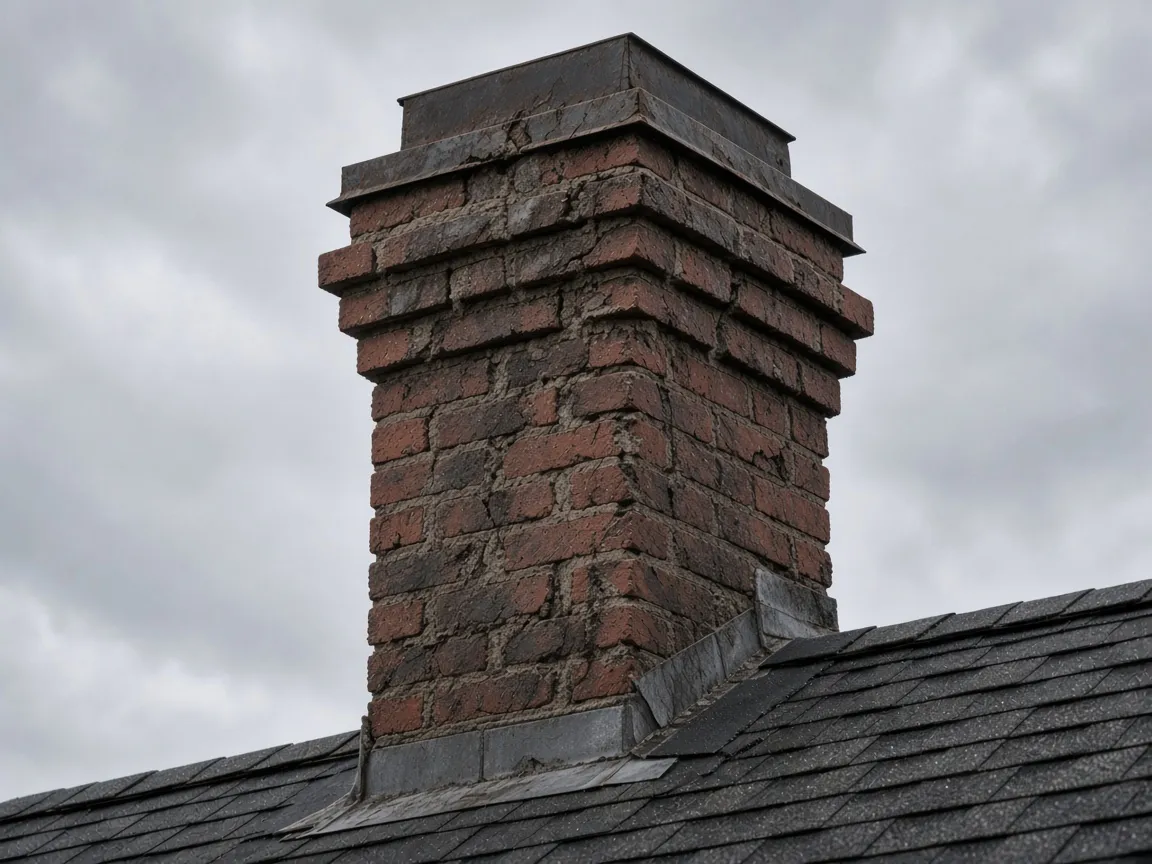 Weathered brick chimney crown above roof before removal