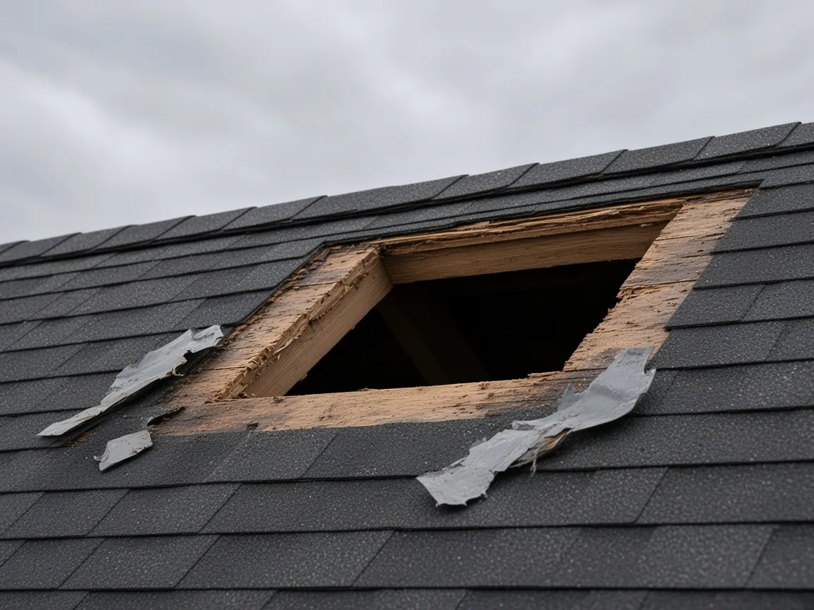Roof deck opening after chimney removed before patch