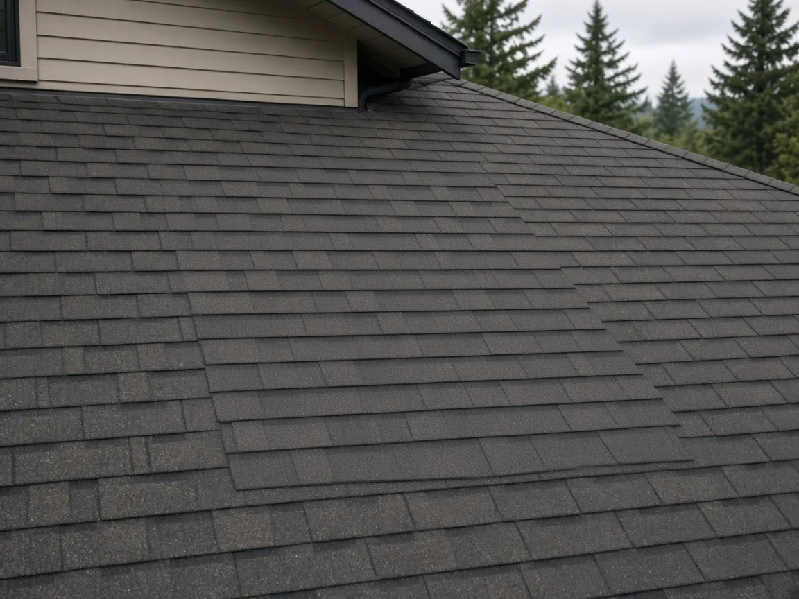 Asphalt shingle roof patched after above-roof chimney removal
