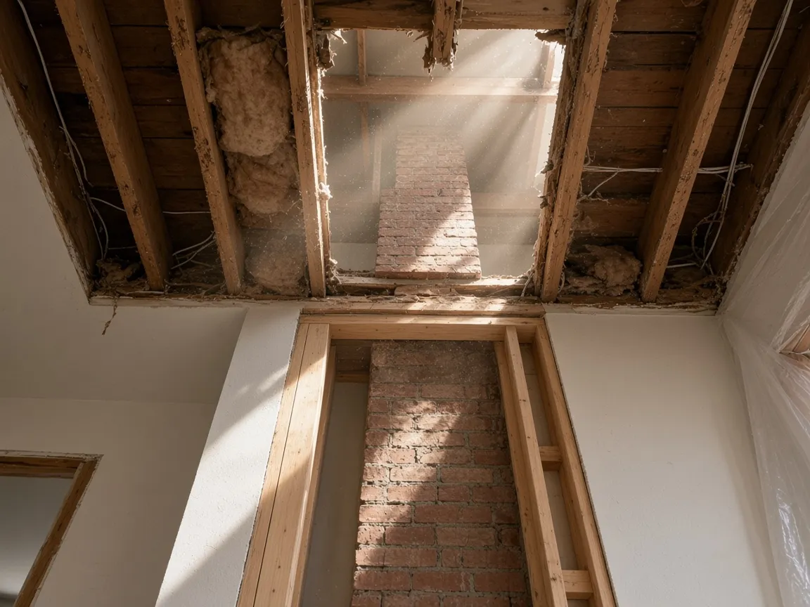 Brick chimney stack through floor framing mid-removal