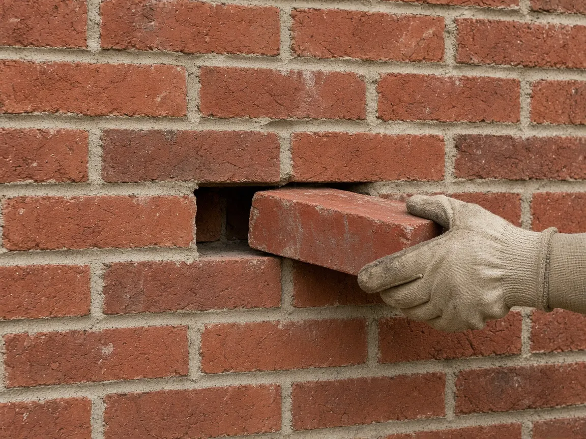 Work glove removing a single brick from a brick wall