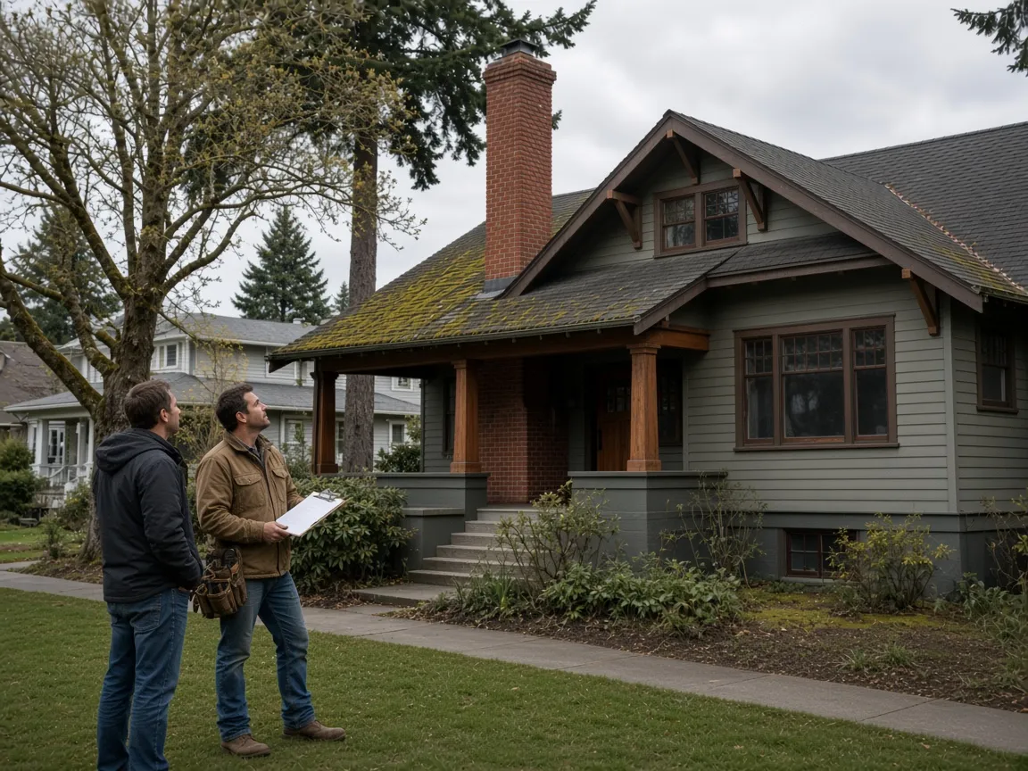 Contractor walkthrough scoping brick chimney on Seattle Craftsman home