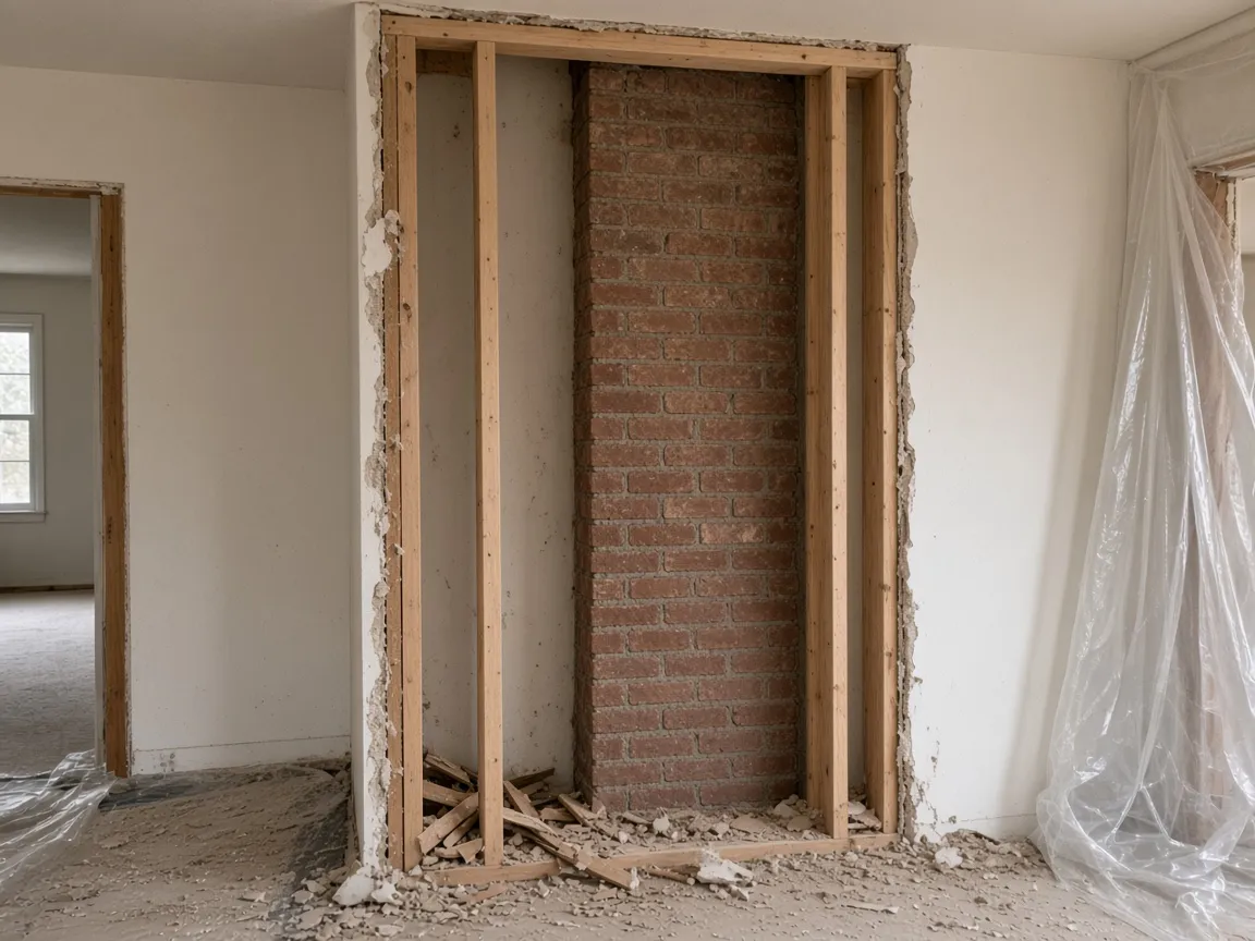 Brick chimney chase opened in wall cavity during selective removal