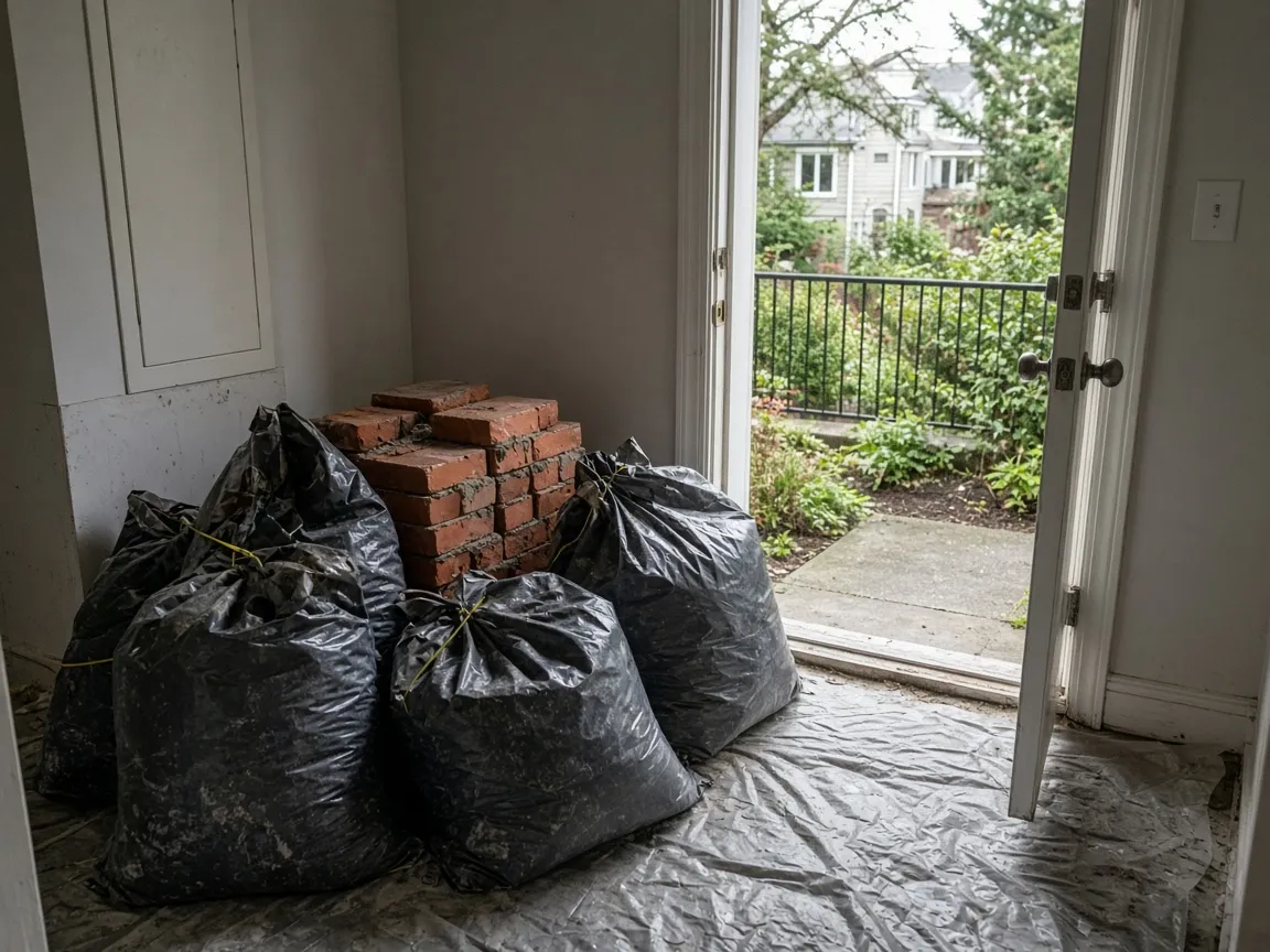 Brick debris bagged for haul after chimney removal
