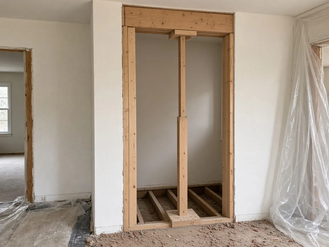 Temporary shoring at framed opening after chimney stack removal